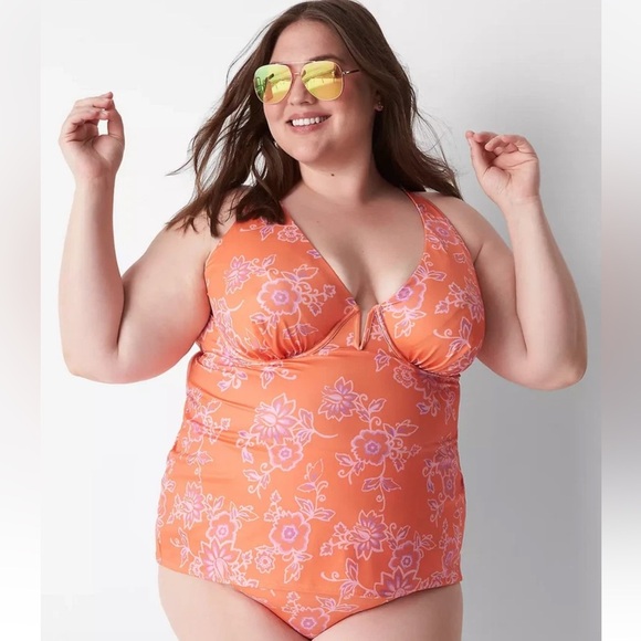 NEW LANE BRYANT CACIQUE SWIM NECTARINE FLORAL UNDERWIRE TANKINI TOP SZ 42DDD - Picture 1 of 10